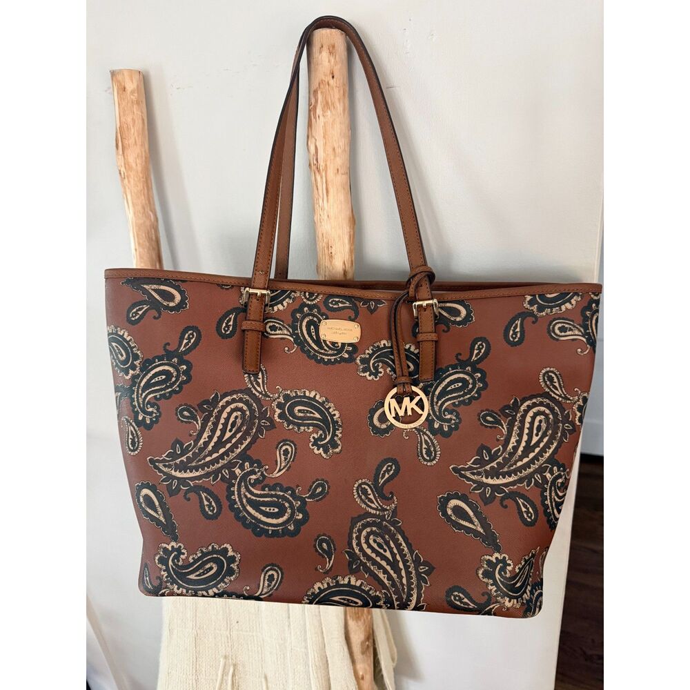Michael Kors Paisley Leather Large Tote Brown MK Logo Charm Shoulder Bag - Picture 2 of 8